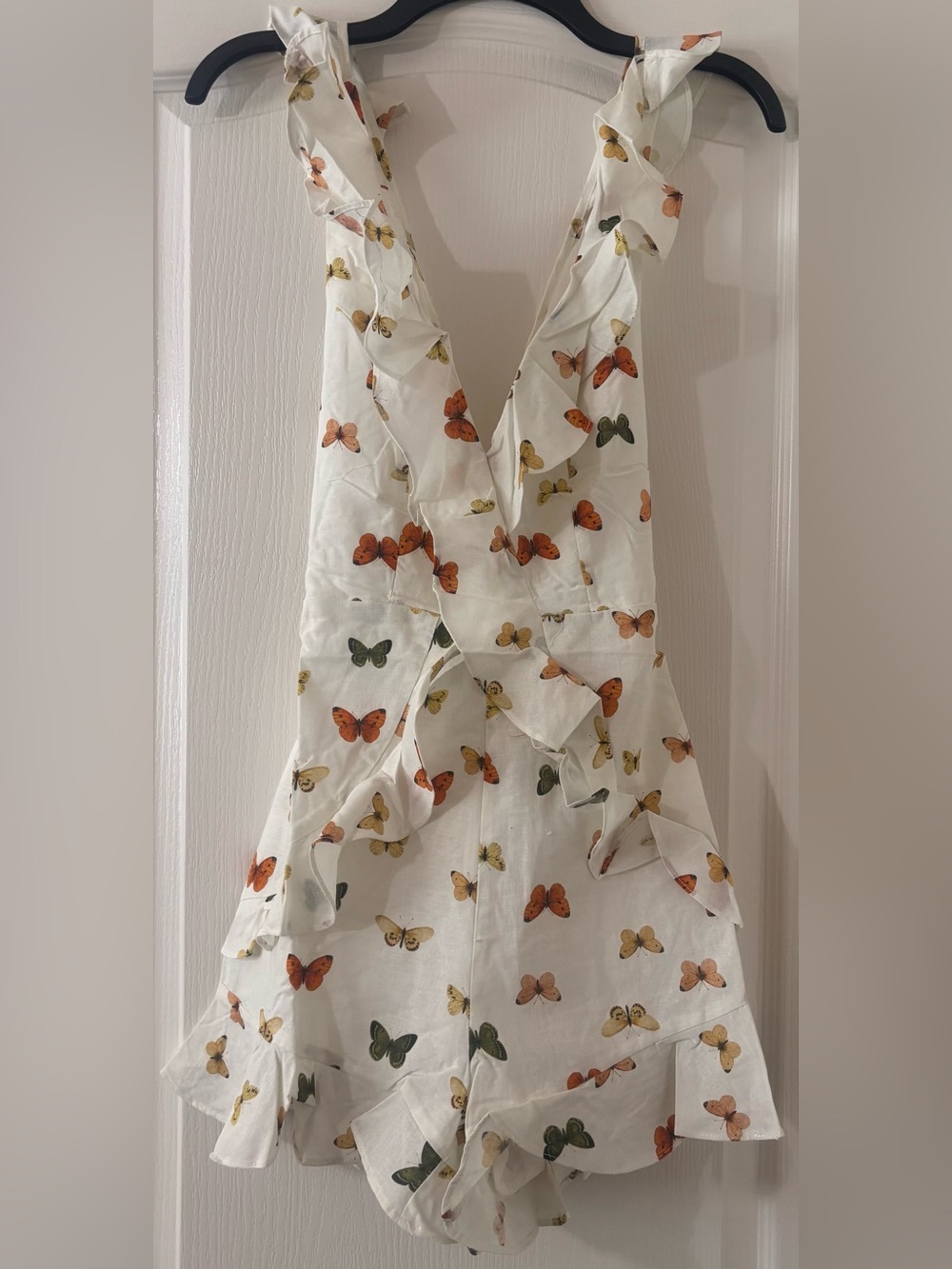 Rose Velvet Butterfly Print Linen Blend Ruffle Wrap Romper NWT Size Small